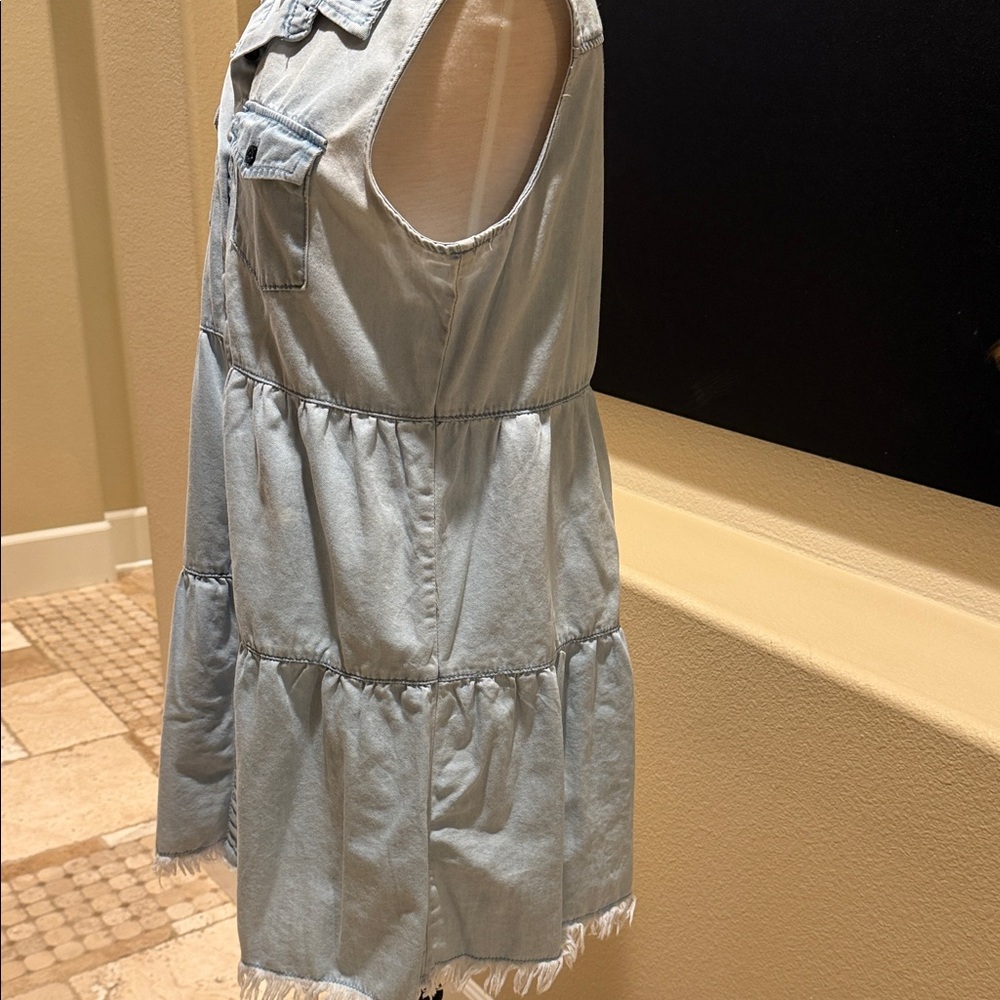 Sleeveless Light Wash Denim Shirt Dress - Casual Tiered - Picture 3 of 7